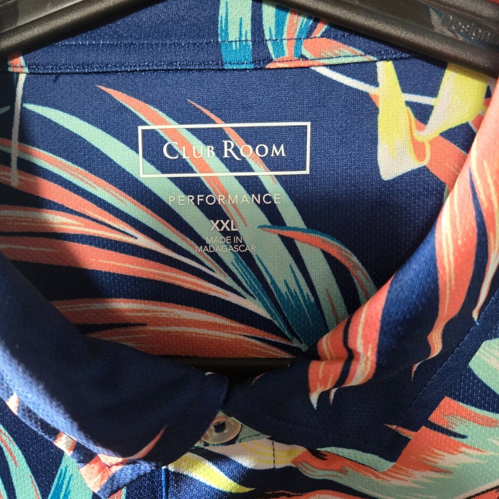 Club Room Performance Polo 2XL Navy Tropical Palm Print UPF 50 Golf Shirt NEW - Picture 5 of 7